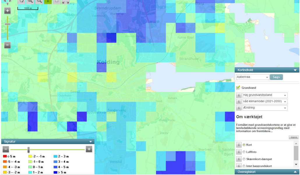Udklip fra grundvandskort med fokus på Kolding med høj grundvandstand