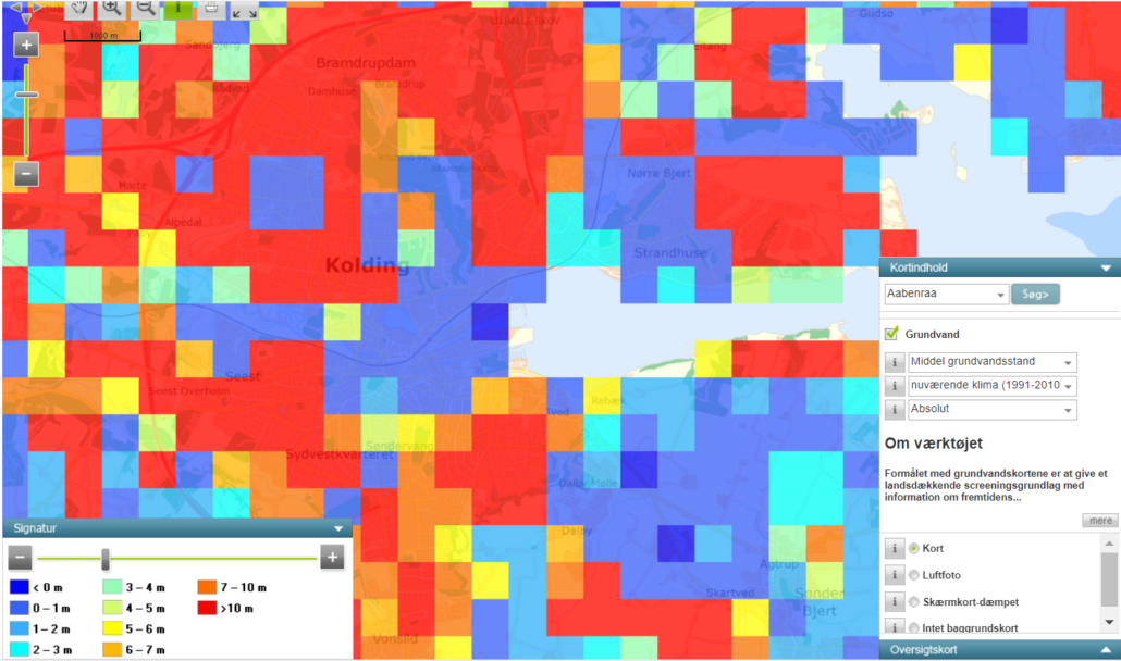 Udklip fra grundvandskort med fokus på Kolding