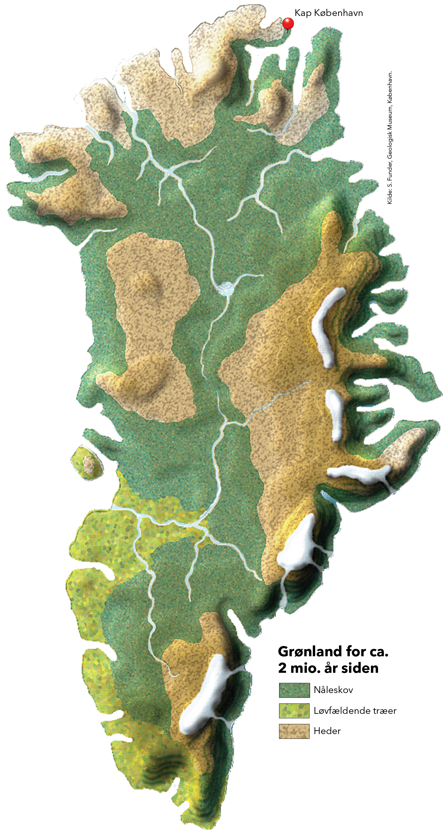 Kort over Grønland for to mio år siden med skove og heder