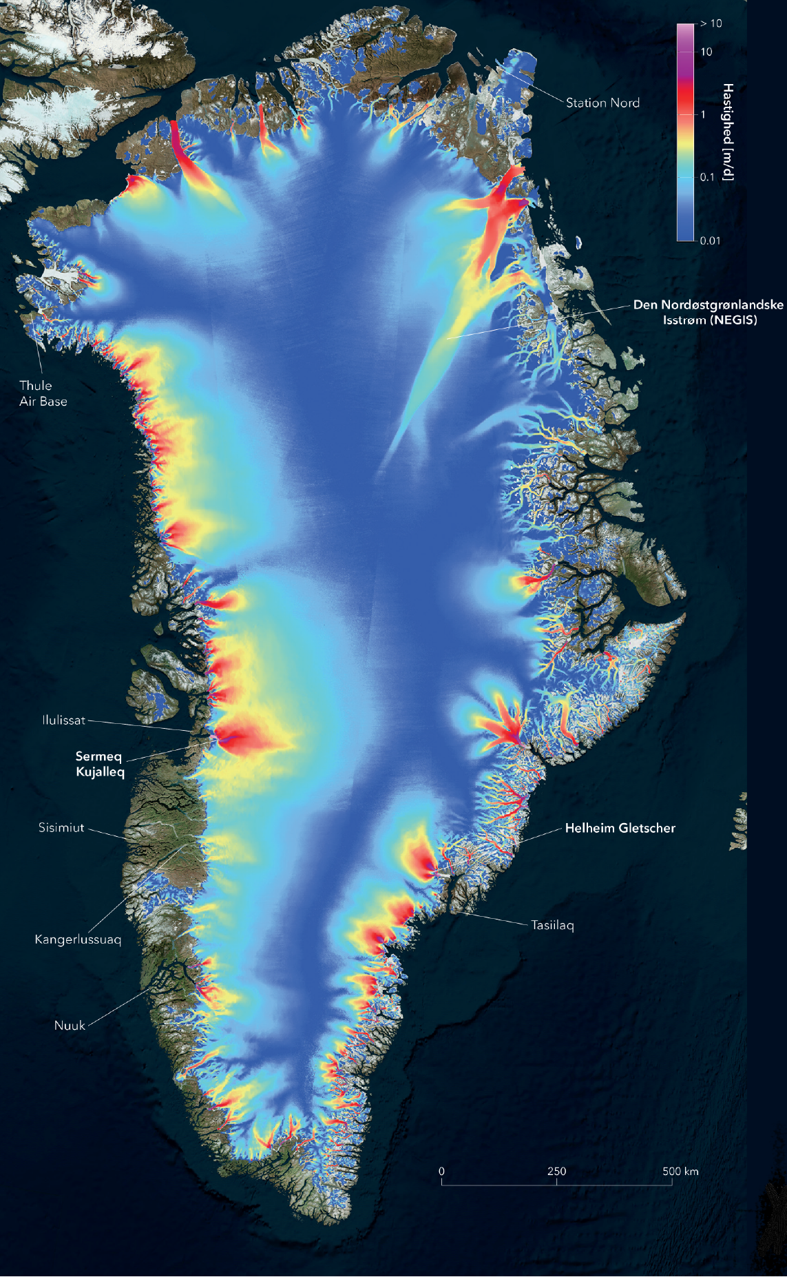 Hastighedskort, isens strømning i Indslandsisen