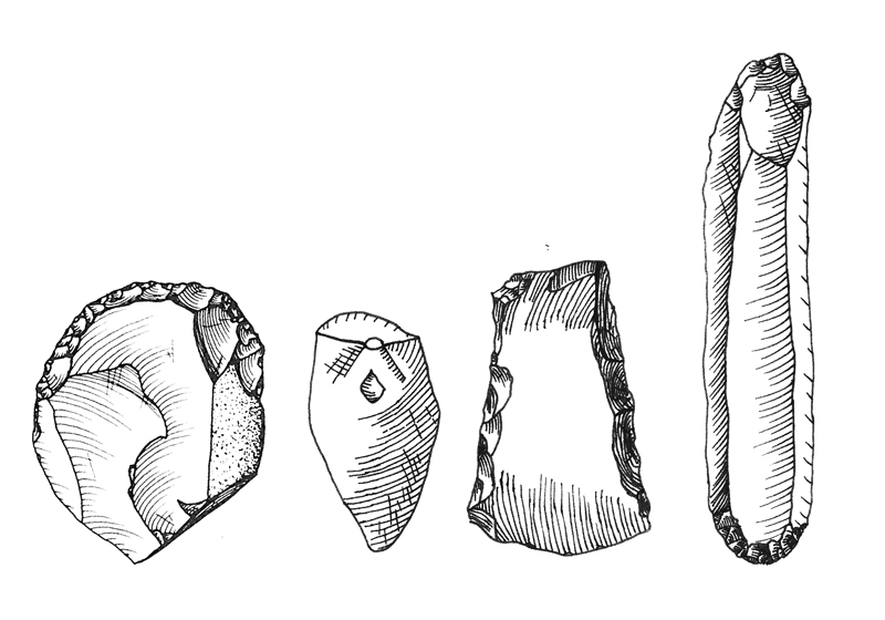 Tegning af flinteredskaber hhv. en skraber, et afslag, en økse og en flække.