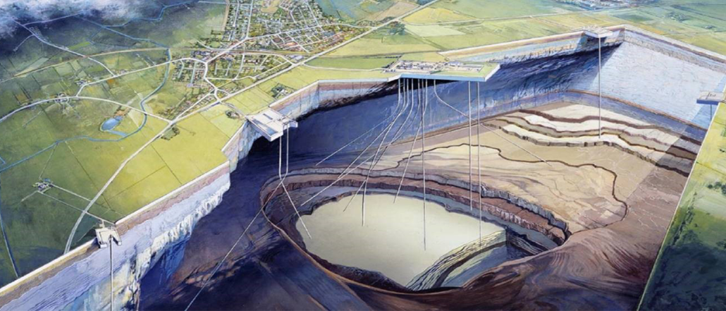 Hvis man tog et røntgenbillede af undergrunden ved Stenlille Gaslager, ville det se (nogenlunde) sådan her ud. Illustration: Gas Storage Denmark