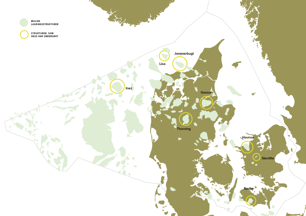 Kort over, hvor man lager CO2 i undergrunden i Danmark (geus)