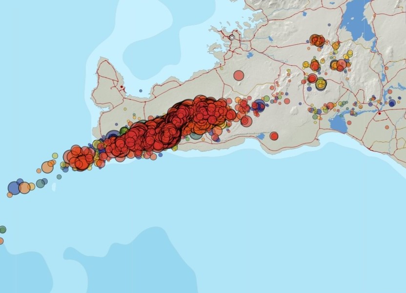 Oversigt over jordskælv på Reykjaneshalvøen i 100 dage op til udbruddet ved Fagradalsfjall. (Figur:Islands Meteorologiske Institut)