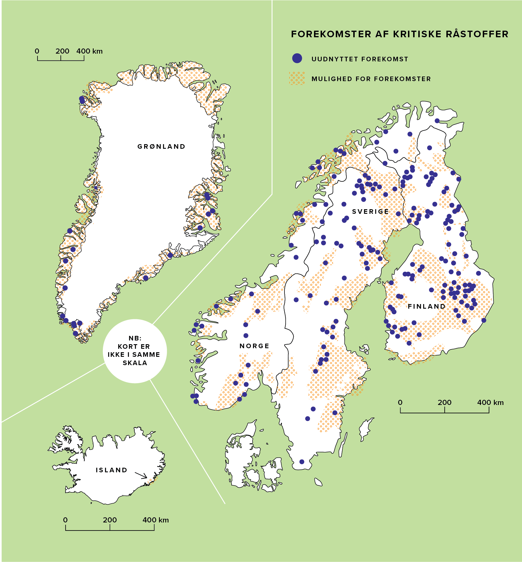 Kort over kritiske råstoffer i skandinavien, grønland og island - mima rapport 2021